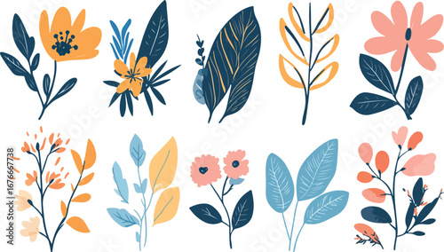 Collection of delicate watercolor botanical illustrations featuring floral elements and leafy branches