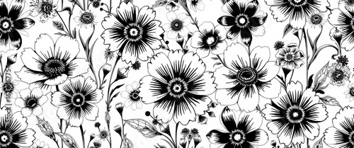 Hand-drawn summer floral seamless pattern Vintage black & white botanical sketch, abstract flowers,  whimsical,  nature