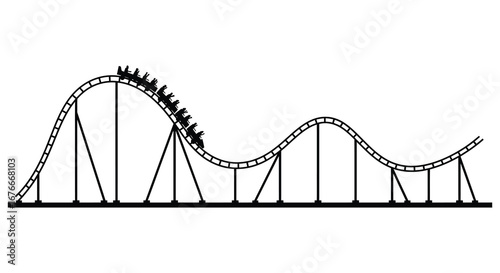 a black and white illustration of a roller coaster with cars on the track