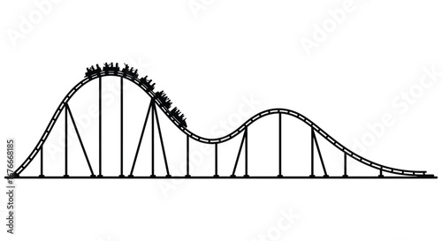 A black and white illustration of a roller coaster with people on it