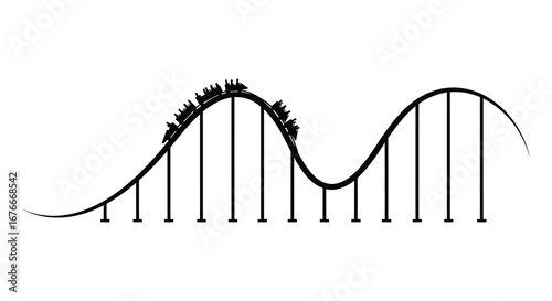 A black and white illustration of a roller coaster with people riding