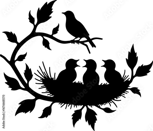 Mother Bird with Nest and Chicks – Silhouette Illustration