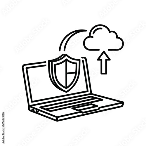 Digital Security: Depicting data protection, a shield safeguards a laptop as it securely uploads to a cloud-based server, showcasing digital security and safe data storage.