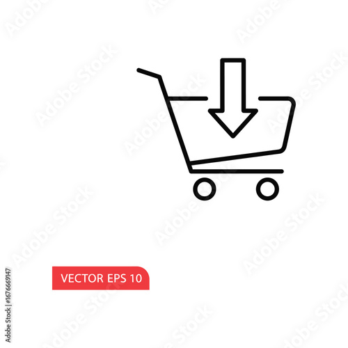 Shopping Cart Icon: A clean and modern illustration depicts a shopping cart with an arrow pointing into it, suggesting adding items to the cart, with a vector graphic look.