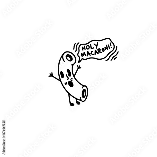 Funny cartoon macaroni character exclaims holy macaroni with playful energy and humorous expression