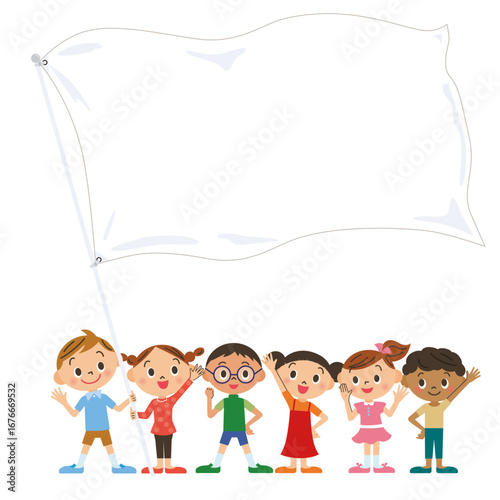 白い大きな旗を持っている子供達が勢揃い