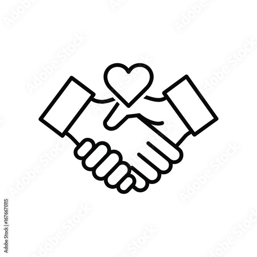 Handshake of Unity: A line art depiction of a handshake between two hands, symbolizing unity and goodwill, the embrace underscored by a delicate heart.