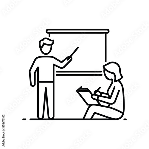 Classroom Dynamics: Simple line art depicts an instructor presenting to a student, both engrossed in a shared pursuit of knowledge.