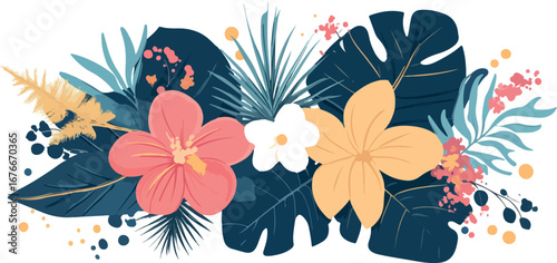 Vibrant tropical floral arrangement with lush dark green leaves and delicate blossoms