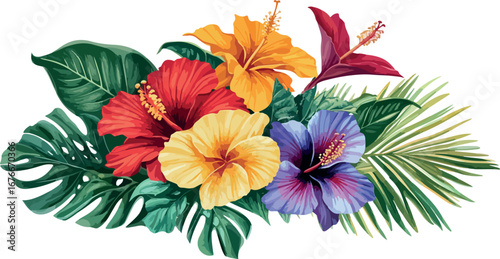 Vibrant tropical flower arrangement with lush green leaves and palm fronds