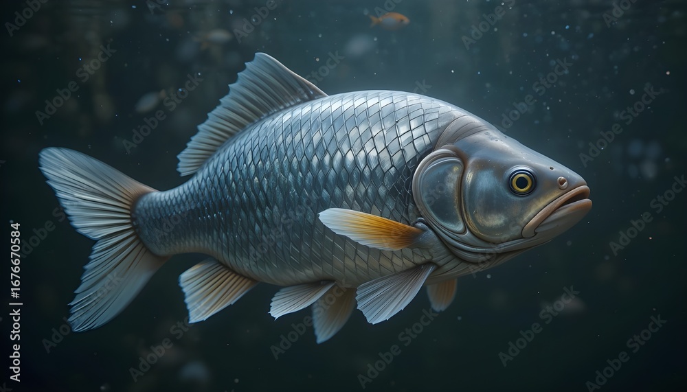 Fototapeta premium Highlight the shimmering scales of a silver carp darting through dark water