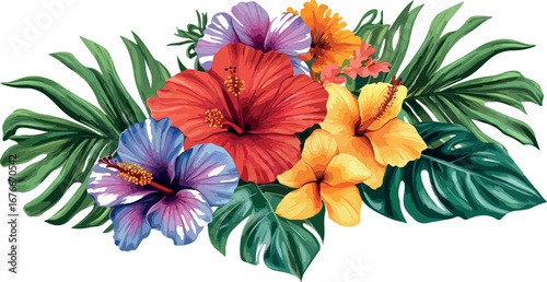 Vibrant watercolor tropical flower arrangement with lush green leaves and exotic blooms