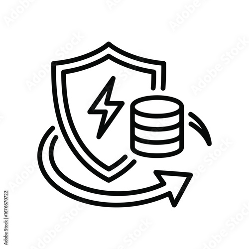 Secure Data Illustration: A graphic representation of a secure database, showcasing a shield, lightning bolt, and data stack in a simple, modern design.