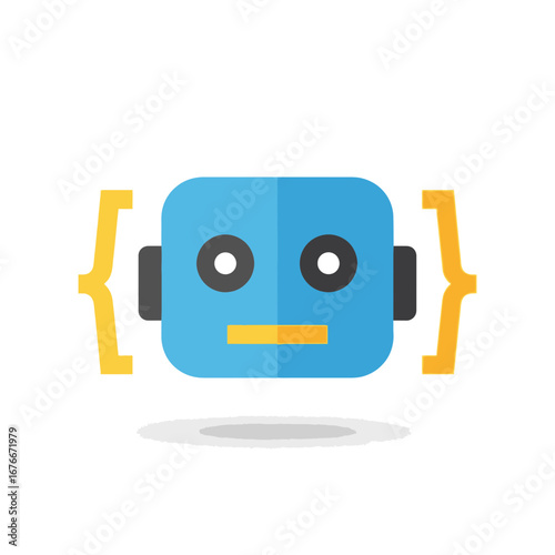 Blue robot head icon with yellow curly braces on white background.