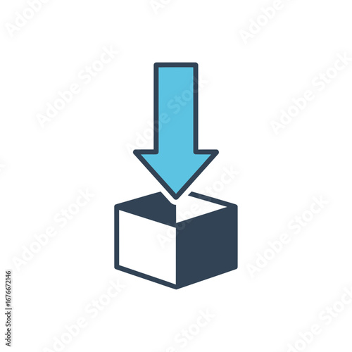 Blue arrow pointing down at a cube.