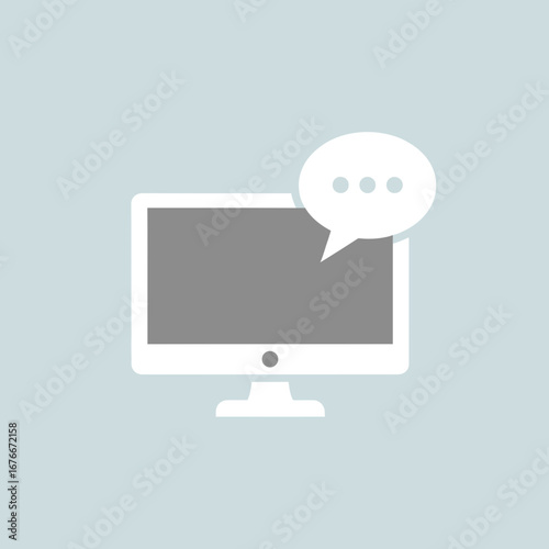 Computer monitor with a speech bubble icon on a light blue background.