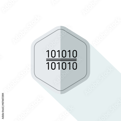 Hexagonal icon with binary code inside on a white background.