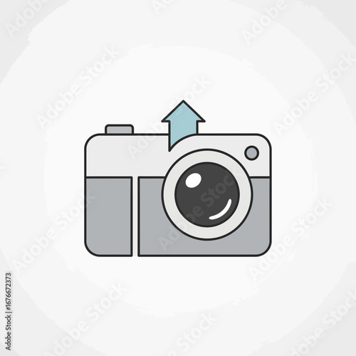 Camera icon with an upload arrow indicates photo sharing.