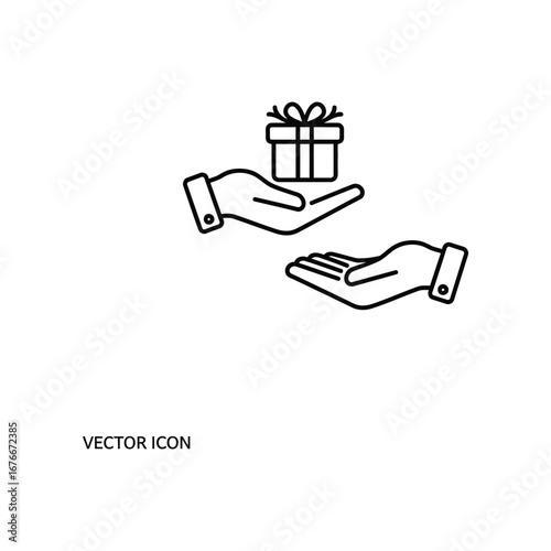 Gift Exchange Icon: A line-art illustration depicts a transaction of kindness and generosity: a hand gracefully offers a gift box, while another hand extends to receive it.