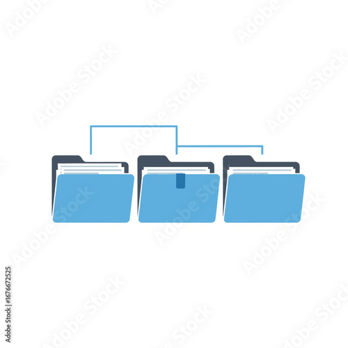 Three blue folders connected by lines on a white background.