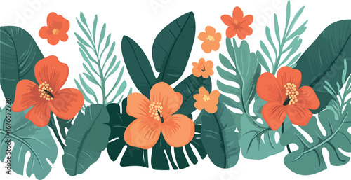 Vibrant tropical floral arrangement with lush green foliage and bright orange blossoms