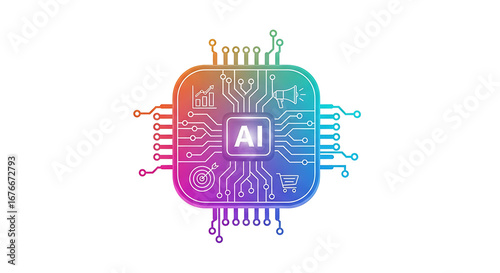 Colorful ai chip illustration with marketing and sales icons on a white background design concept ai generated