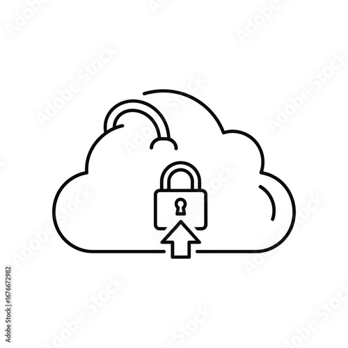 Cloud Security: Depicting the concept of data protection, this image presents a secure cloud storage icon, with a lock overlaying the cloud to represent data protection and upload sign.