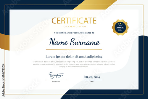 Modern award template design with blue and gold shapes