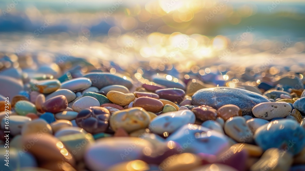 Obraz premium Rainbow pebbles on shore with gentle sea waves