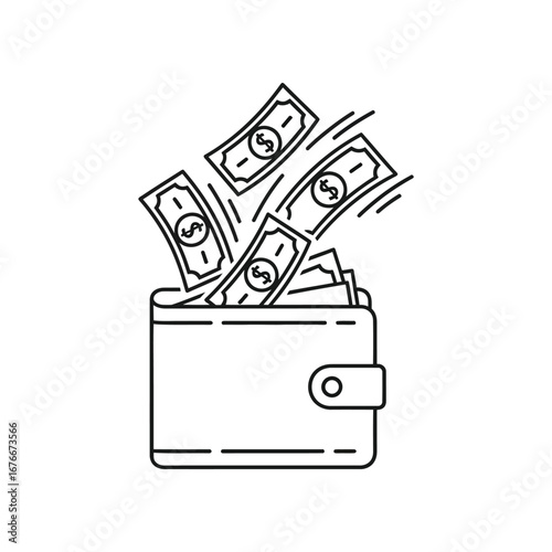 Money spilling out of wallet: Financial freedom or reckless spending? Illustrated depiction of a wallet overflowing with currency, conveying themes of wealth and fiscal concepts.