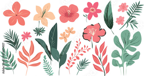 Vibrant watercolor collection of tropical flowers and lush green leaves in a delightful arrangement