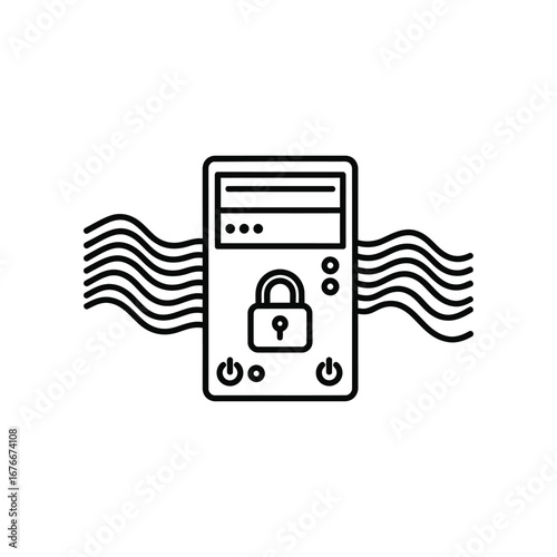 Data Security: A computer with a prominent padlock emblem symbolizing data protection and security, emphasizing cybersecurity in a minimalist black and white vector illustration.