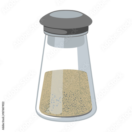 Glass shaker filled with granular seasoning and metal cap vector
