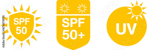 Collection of sun protection symbols spf 50 and uv protection