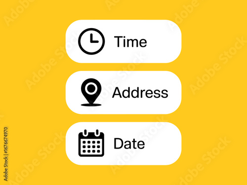 Event details time address date icons on yellow background