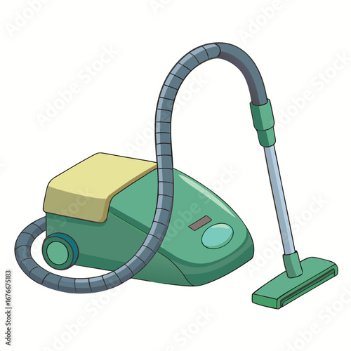 Green vacuum cleaner with hose and nozzle yellow grey