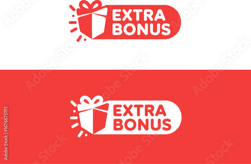 Gift box with ribbon and text extra bonus on pink and red background
