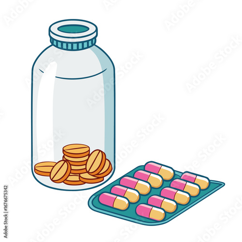 Bottle with pills and blister pack of capsules vector