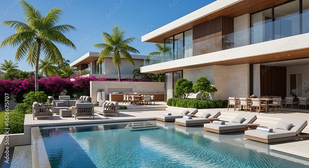 Fototapeta premium Exquisite modern villa featuring a sparkling infinity pool, chic outdoor furniture, and vibrant tropical gardens. Ideal for luxury living, tropical escapes, and contemporary architecture.