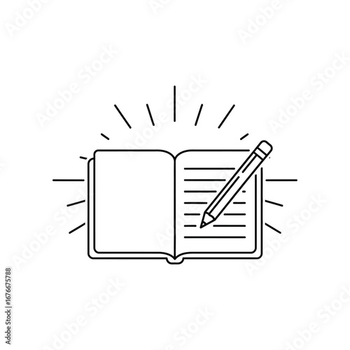 Notebook and Pencil: The image shows a detailed illustration of an open notebook with lines and a pencil on top, a symbol of writing, journaling, and recording thoughts, creating a sense of focus.