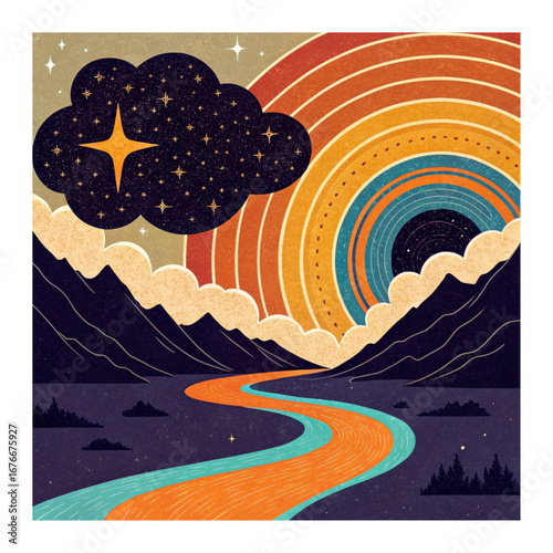 Cosmic Sunset with Starry Sky and Vibrant River Valley Art