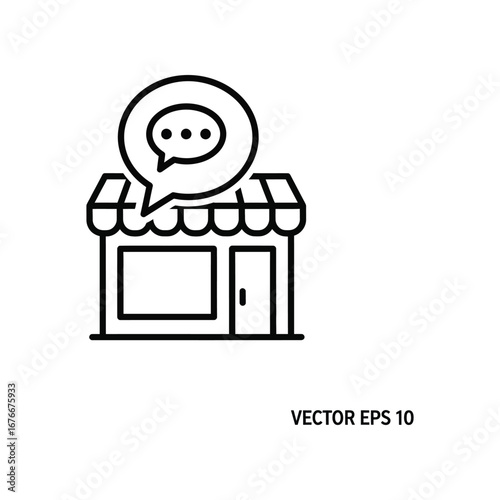 Shopfront Conversation: A simple line-art representation of a shopfront with a speech bubble indicating an open communication channel