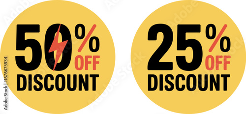 Two yellow circles displaying 50 percent and 25 percent off discount labels