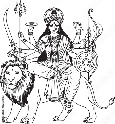 Goddess Durga Riding a Lion in Line Art Style Keywords: Durga, lion, Hindu goddess, warrior, divine