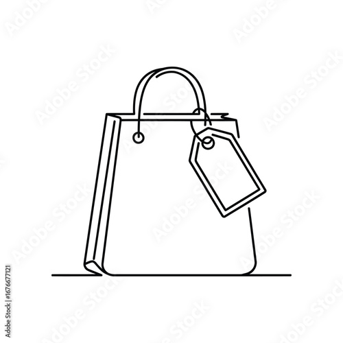 Shopping Bag Minimalist Illustration: A sleek, minimalist line drawing of a shopping bag with a price tag, highlighting the essence of retail and consumerism.