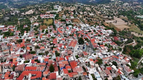 Aerial bird's eye video taken by drone of picturesque village.