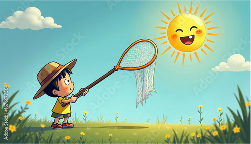 Young boy with cheerful mood trying to catch the sun with a net in bright meadow