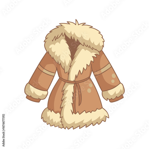 Warm fur lined coat with belt and decorative circles brown