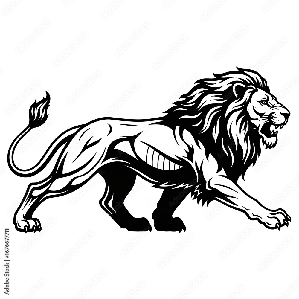 Fototapeta premium Majestic Asian lion illustration in black and white