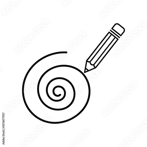 Pencil Drawing a Swirl: A graphic, monochrome illustration depicts a pencil sketching a swirling spiral, symbolizing creativity, imagination, and the artistic process.